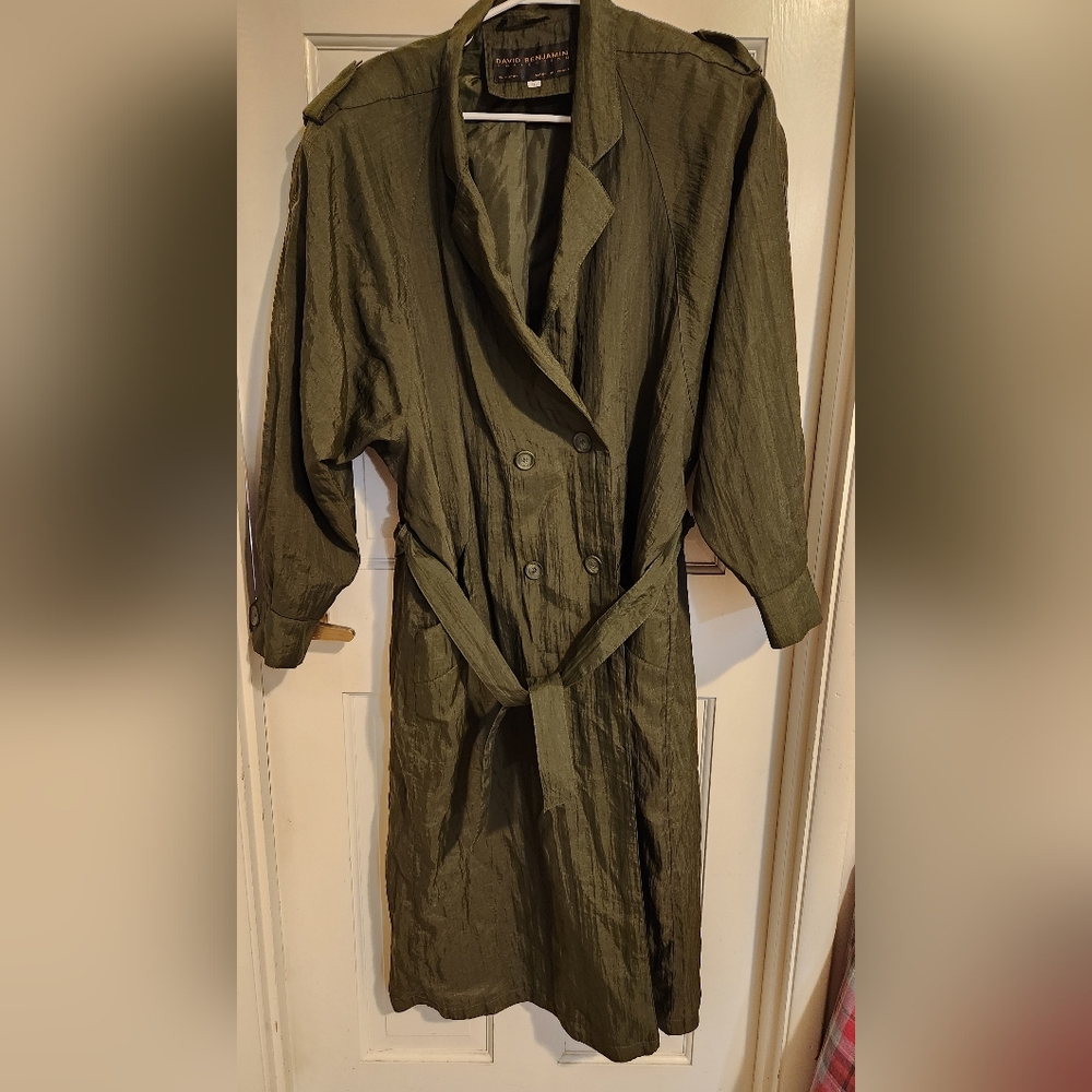 David Benjamin Vintage Olive Green Double-Breasted Nylon Trench Coat , Size 14